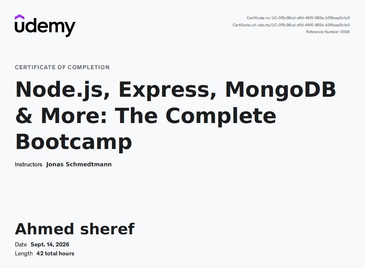 Node.js, Express & MongoDB Bootcamp certificate image